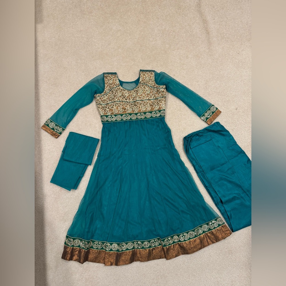 Teal Blue & Gold Embroidered Anarkali Set w/ Dupatta & Pants